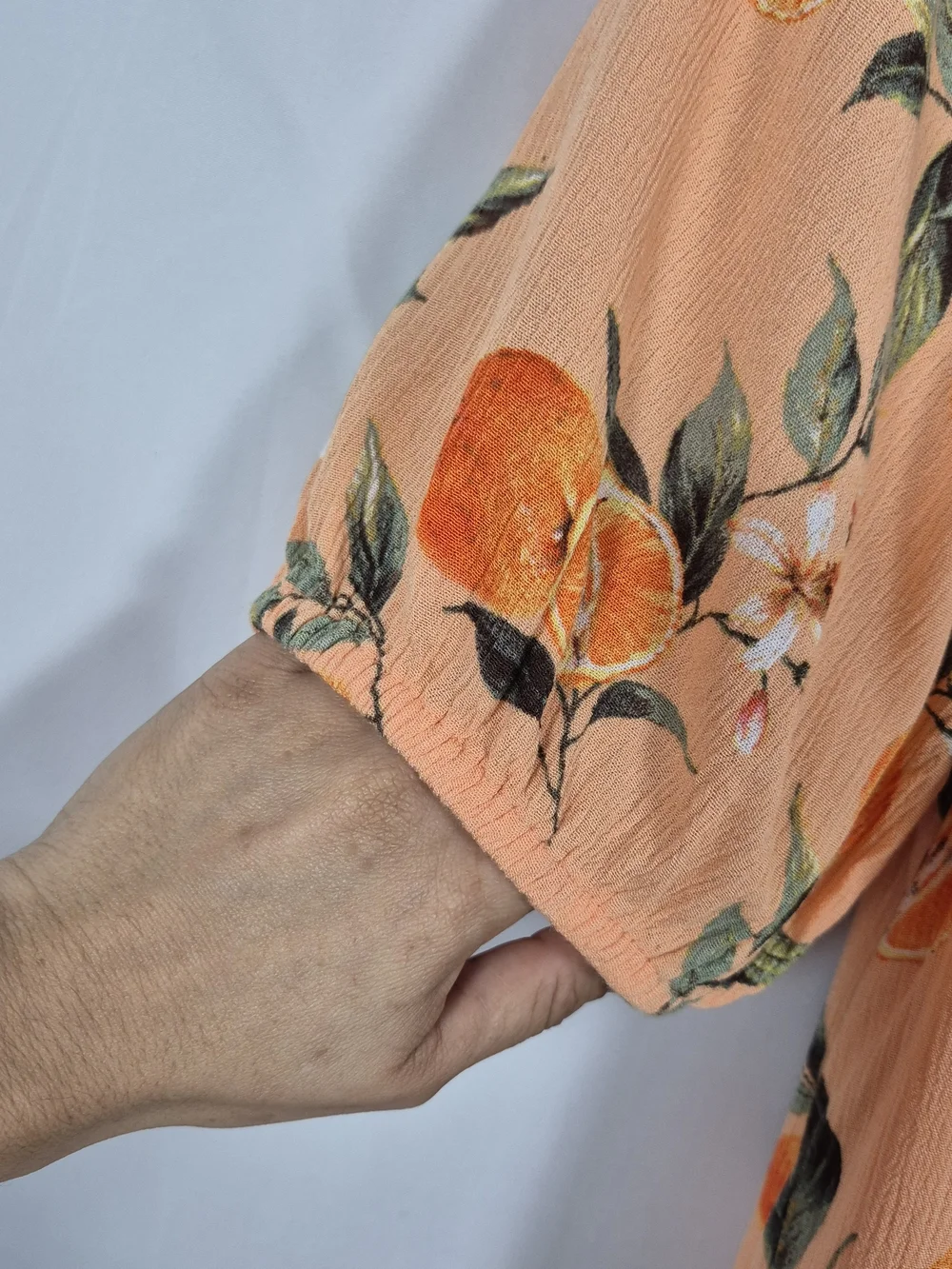 LOFT Orange Citrus Print Puff Sleeve Blouse Peach Rayon Size S